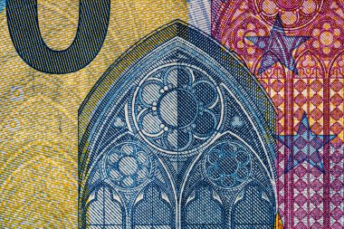 Avro banknotlarının detaylarına özen göster. Para banknotlarının makro detaylarını kapat, 20 Euro izole edilmiş. Dünya para kavramı, enflasyon ve ekonomi kavramı