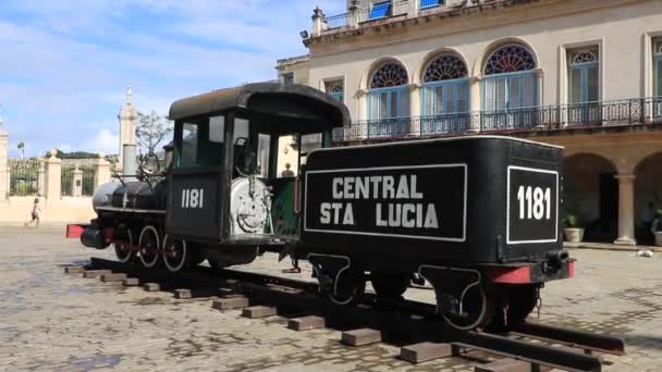 Pociąg Parowy Stara Lokomotywa Wystawie Plaza Armas Old Havana Kuba — Wideo stockowe