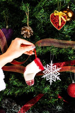 Noel ağacı süslemek, köknar dallarına Noel süslemeleri yapmak. Noel süslemeleri.