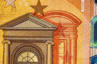 Avro banknotlarının detaylarına özen göster. Para banknotlarının makro detaylarını kapat, 50 Euro izole edilmiş. Dünya para kavramı, enflasyon ve ekonomi kavramı