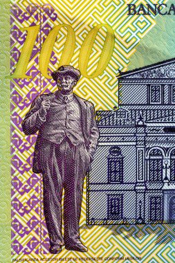 Ley banknotlarının detaylarına özen göster. Romanya lei banknotlarının makro detaylarını kapat, 100 lei izole edilmiş. Dünya para kavramı, enflasyon ve ekonomi kavramı