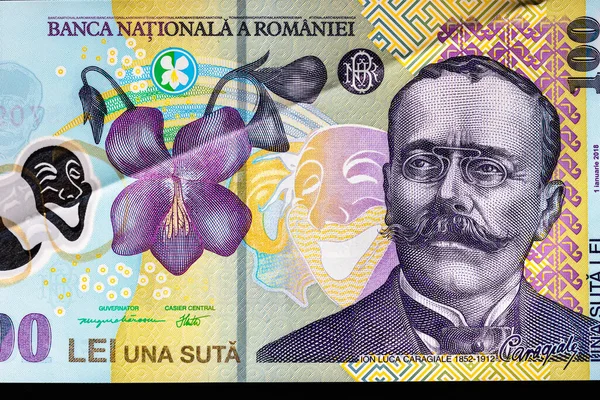 Ley Banknotlarının Detaylarına Özen Göster Romanya Lei Banknotlarının Makro Detaylarını — Stok fotoğraf