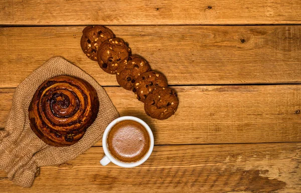 Pasticceria Fresca Tavolo Legno Caffè Cibo Prima Colazione Concetto Dolci — Foto Stock