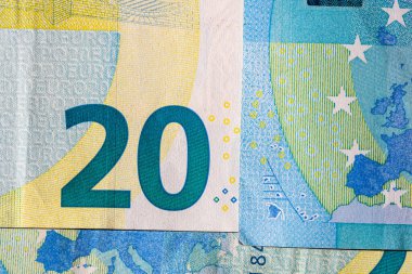 Avro banknotlarının detaylarına özen göster. Para banknotlarının makro detaylarını kapat, 20 Euro izole edilmiş. Dünya para kavramı, enflasyon ve ekonomi kavramı