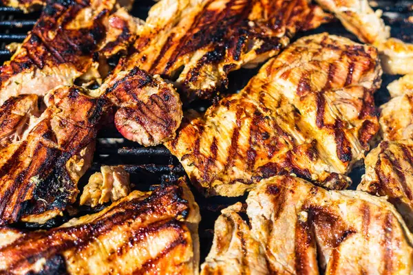Κοτόπουλο Και Χοιρινό Φιλέτο Ψημένο Κάρβουνο Πάνω Άποψη Του Κάμπινγκ — Φωτογραφία Αρχείου
