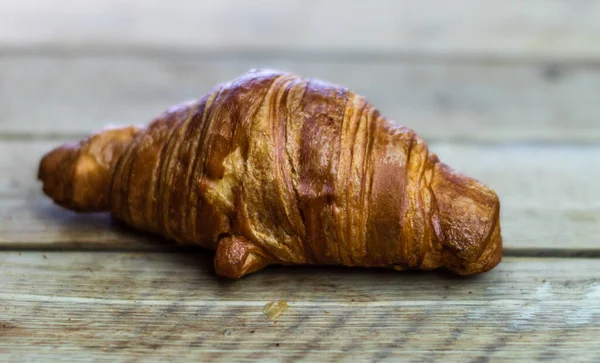 Detail Fresh Croissant Wooden Table Food Breakfast Concept Top View — Stock Photo, Image