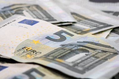 5 Avro banknotları. Tasarruf, gelir veya yatırımı temsil eden Avro para arkaplanı