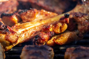 Domuz pirzolası, biftek, ızgarada sosis dumanlı ızgara