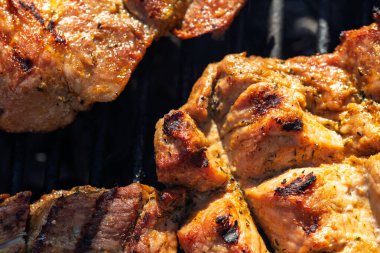 Domuz pirzolası, biftek, ızgarada sosis dumanlı ızgara