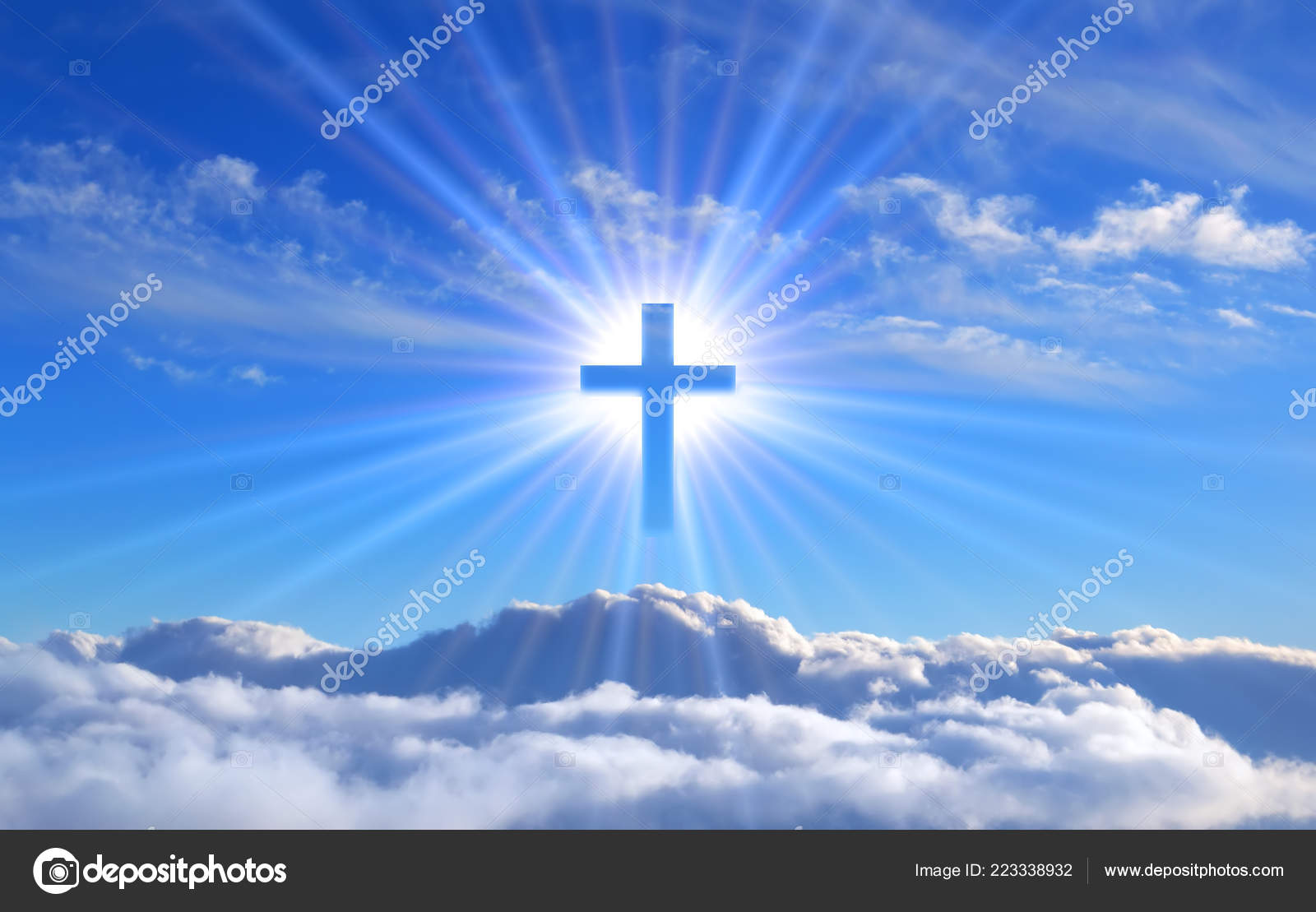 Religious Cross Cumulus Clouds Illuminated Rays Holy Radiance Concept