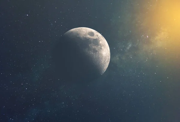 Luna Contra Vía Láctea Los Rayos Del Sol Espacio Infinito —  Fotos de Stock