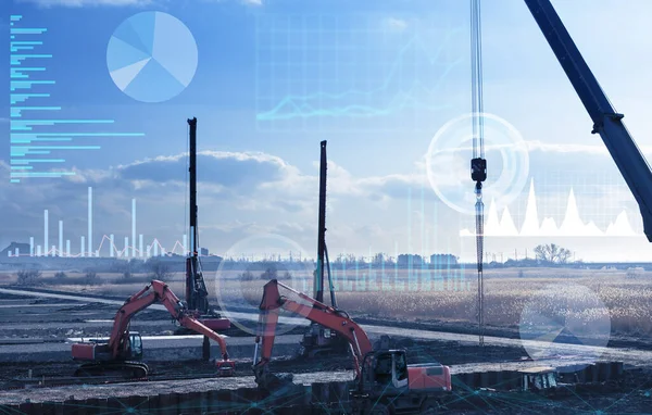 automation concept of the construction industry, construction work on drilling piles and earthwork without human intervention, the use of artificial intelligence and industry 4.0