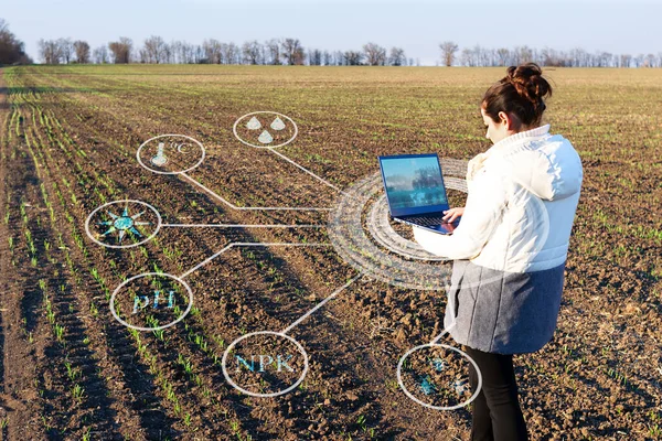 Futuro Concetto Agricoltura Agricoltore Raccoglie Dati Analizza Computer Portatile Migliorare — Foto Stock