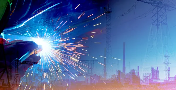 Double Exposure Production Welding Process Modern Technologies Comfortable Life Mankind — Stock Photo, Image