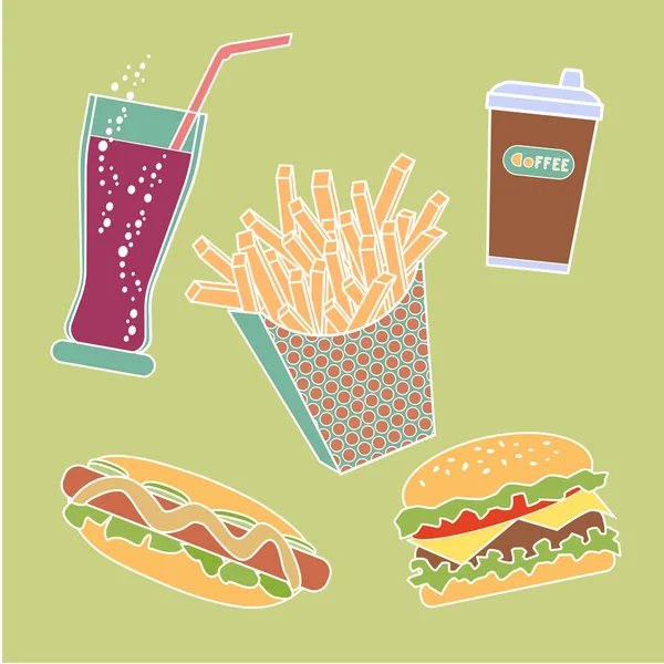Fastfood Friet Hamburger Hotdog Koffie Een Glas Soda Water Vectorillustratie — Gratis stockfoto