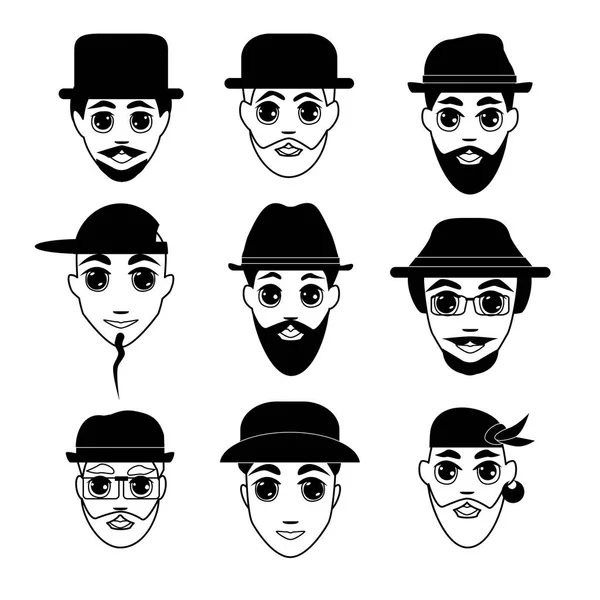 Faces Men Hats Set Vector Illustration — Διανυσματικό Αρχείο