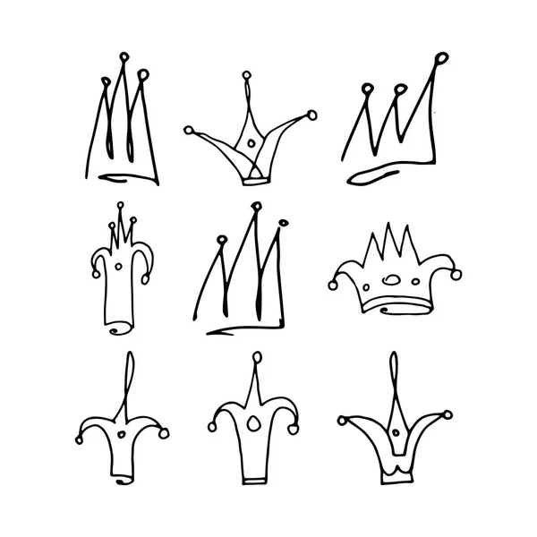 Coroas Definidas Ilustração Vetorial Desenhada Mão — Vetor de Stock