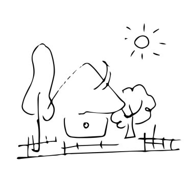 bir avluya olan ev. vektör çizim. el çizimi