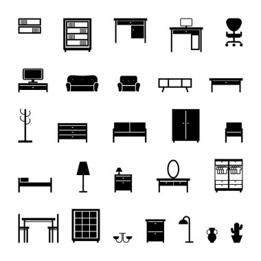 Mobilya Icons set. siyah ve beyaz vektör çizim