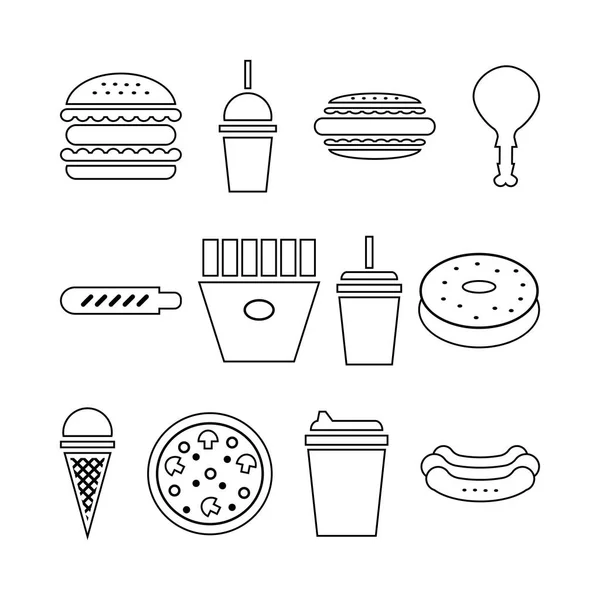Setul Icoane Fast Food Ilustrație Vectorială Alb Negru — Vector de stoc