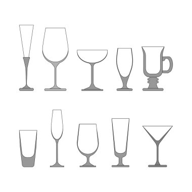 şarap bardakları ayarlayın. Beyaz arka plan üzerinde vektör çizim
