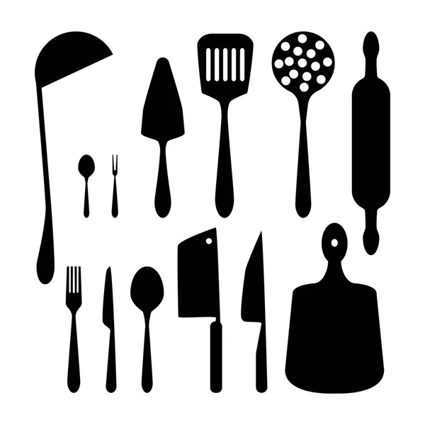 Juego Utensilios Cocina Vector Blanco Negro Ilustración Vector — Vector de stock