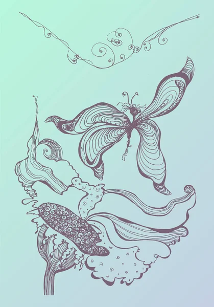 Mariposa Flor Ilustración Vectorial Dibujada Mano — Archivo Imágenes Vectoriales