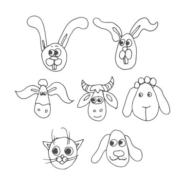 Namlu hayvanlar kümesi. el çekilmiş siyah beyaz vektör çizim