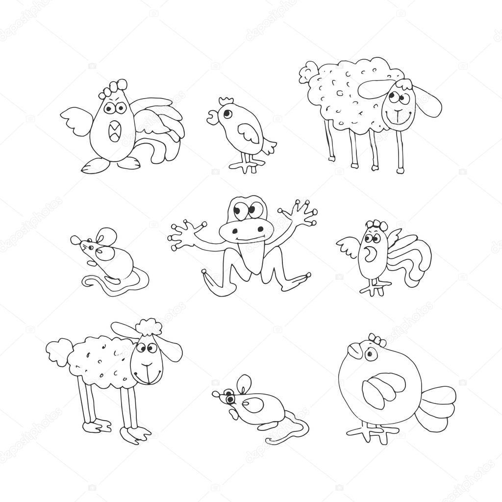 set of cute animals and birds. hand drawn black and white vector illustration