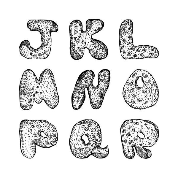 Conjunto de letras maiúsculas do alfabeto inglês J, K, L, M, N, O, P, Q, R. ilustração vetorial desenhada à mão sobre fundo branco — Vetor de Stock