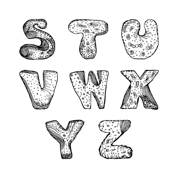 Aantal hoofdletters van het Engels alfabet S, T, U, V, W, X, Y, Z. handgetekende vectorillustratie op witte achtergrond — Stockvector
