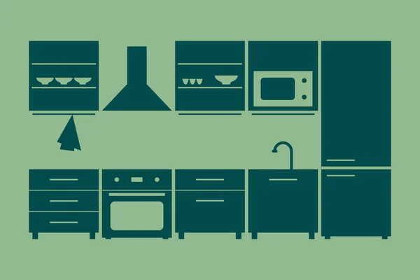 Кухонний меблевий гарнітур. Векторна ілюстрація на зеленому фоні — стоковий вектор