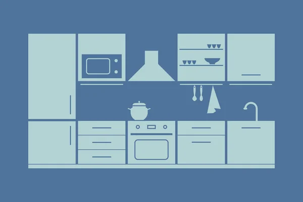 厨房家具套装。在蓝色背景的向量例证 — 图库矢量图片
