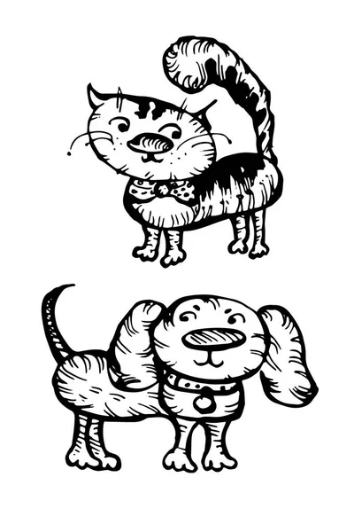 Personajes de perros y gatos. Dibujado a mano — Archivo Imágenes Vectoriales