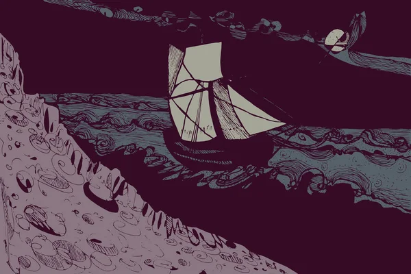 Segelschiff auf See. handgezeichnete Vektorgrafik — Stockvektor