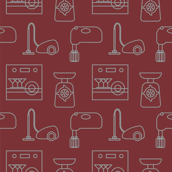 Peralatan rumah tangga pola mulus. gambar vektor garis luar pada latar belakang burgundy - Stok Vektor