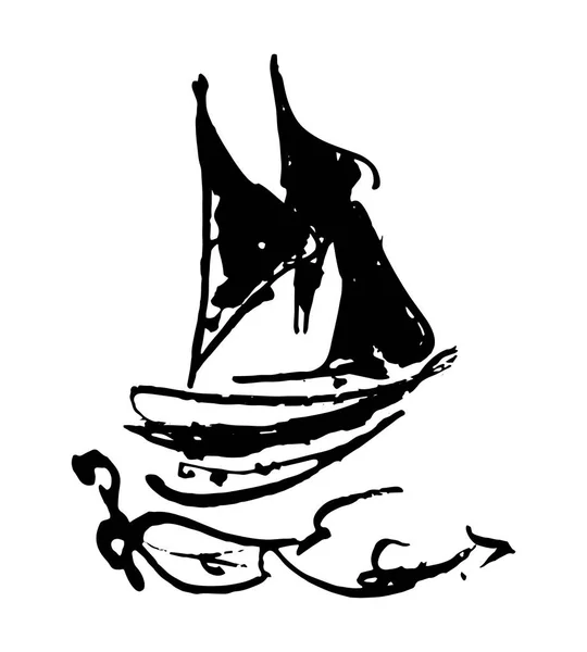 Un barco de vela. boceto de tinta sobre fondo blanco. ilustración vectorial — Vector de stock
