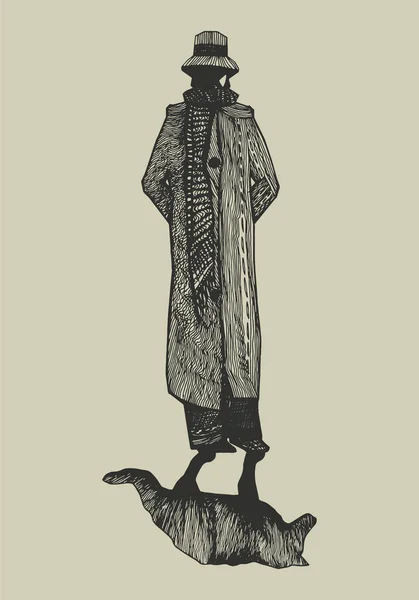 Ein Mann in elegantem Mantel und Hut mit fallendem Schatten in Form eines Wolfes. handgezeichnete grafische Vektorillustration — Stockvektor