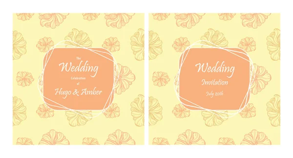 結婚式の招待状テンプレート。黄色の背景に花柄のレトロなスタイルの手描きのベクトルイラスト — ストックベクタ
