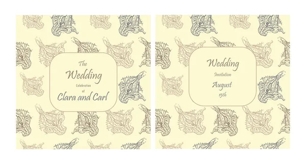 Шаблон приглашения на свадьбу. Ручная рисованная векторная иллюстрация стиля ретро с бежевыми цветочными узорами — стоковый вектор