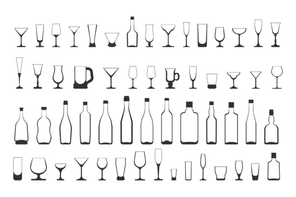 Verres à vin et bouteilles ensemble. illustration vectorielle noir et blanc — Image vectorielle