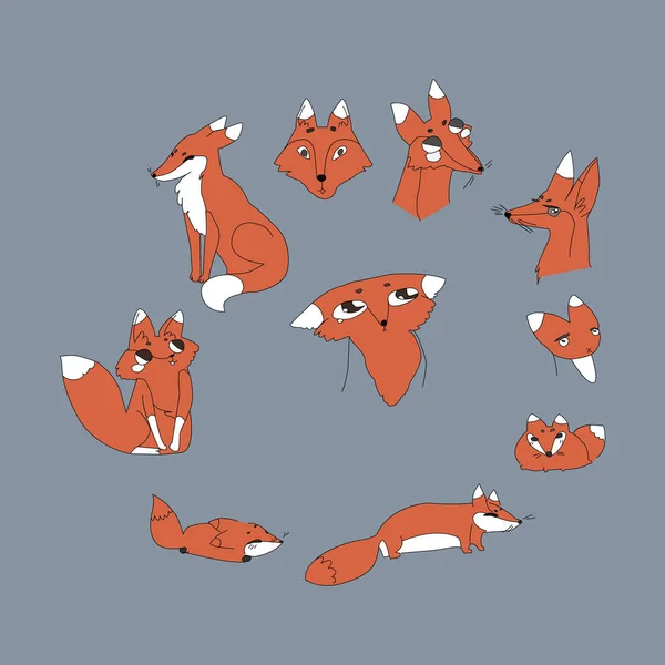 Mignons renards dessin animé ensemble. illustration vectorielle couleur . — Image vectorielle