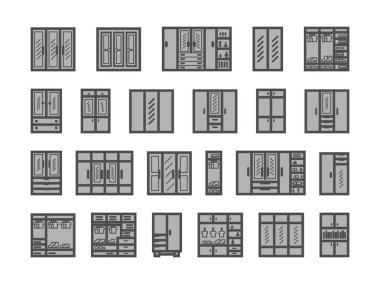 dolap, yanlık, gardırop, kitaplık simgesi seti. ev mobilyaları. beyaz arka planda vektör çizimi
