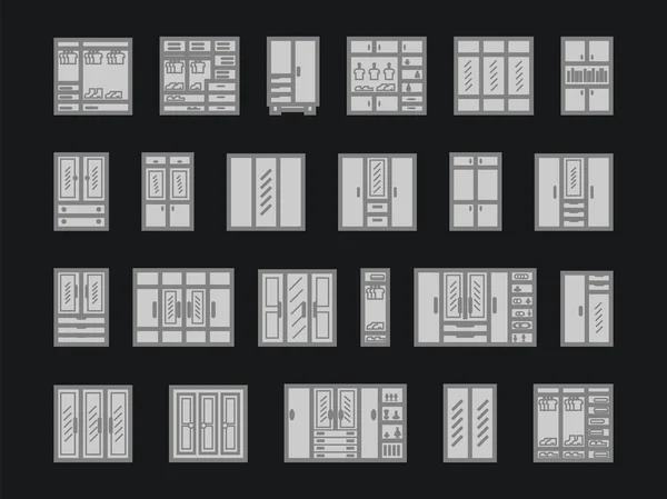 Conjunto de iconos gabinetes. diferentes versiones de armarios, librerías, armarios. ilustración vectorial sobre fondo negro — Vector de stock