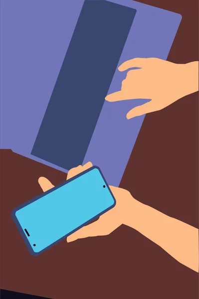 Manos con un smartphone en el teclado del portátil. vector colorido ilustración — Foto de stock gratis