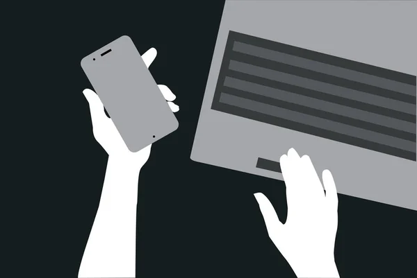 Kädet matkapuhelimen kannettavan tietokoneen näppäimistöllä . — vektorikuva