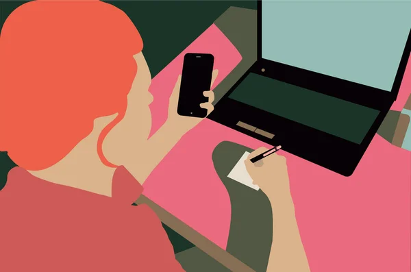 Mujer de negocios con un smartphone y un ordenador portátil — Vector de stock