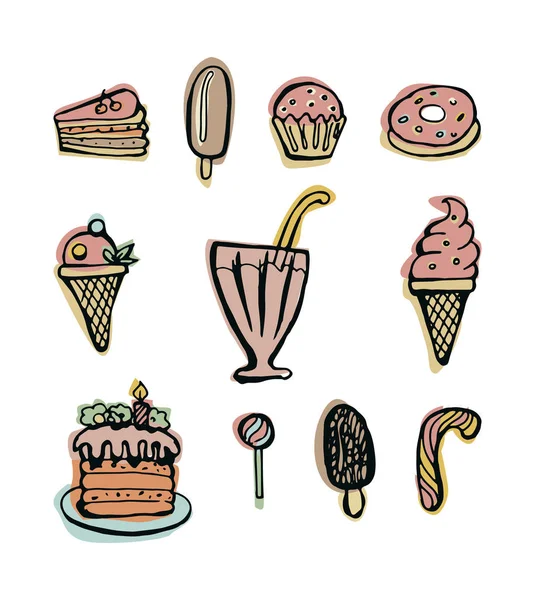 Dulces. Conjunto de postres de garabatos dibujados a mano. Pasteles, helados, dulces, caramelos — Vector de stock