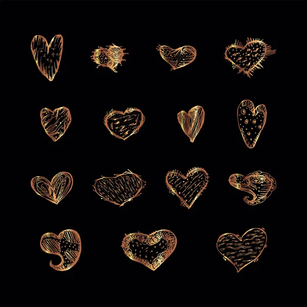 Jogo de corações de ouro do dia de Valentim. Desenhado à mão — Vetor de Stock