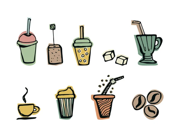 饮料咖啡和茶具手绘涂鸦. — 图库矢量图片
